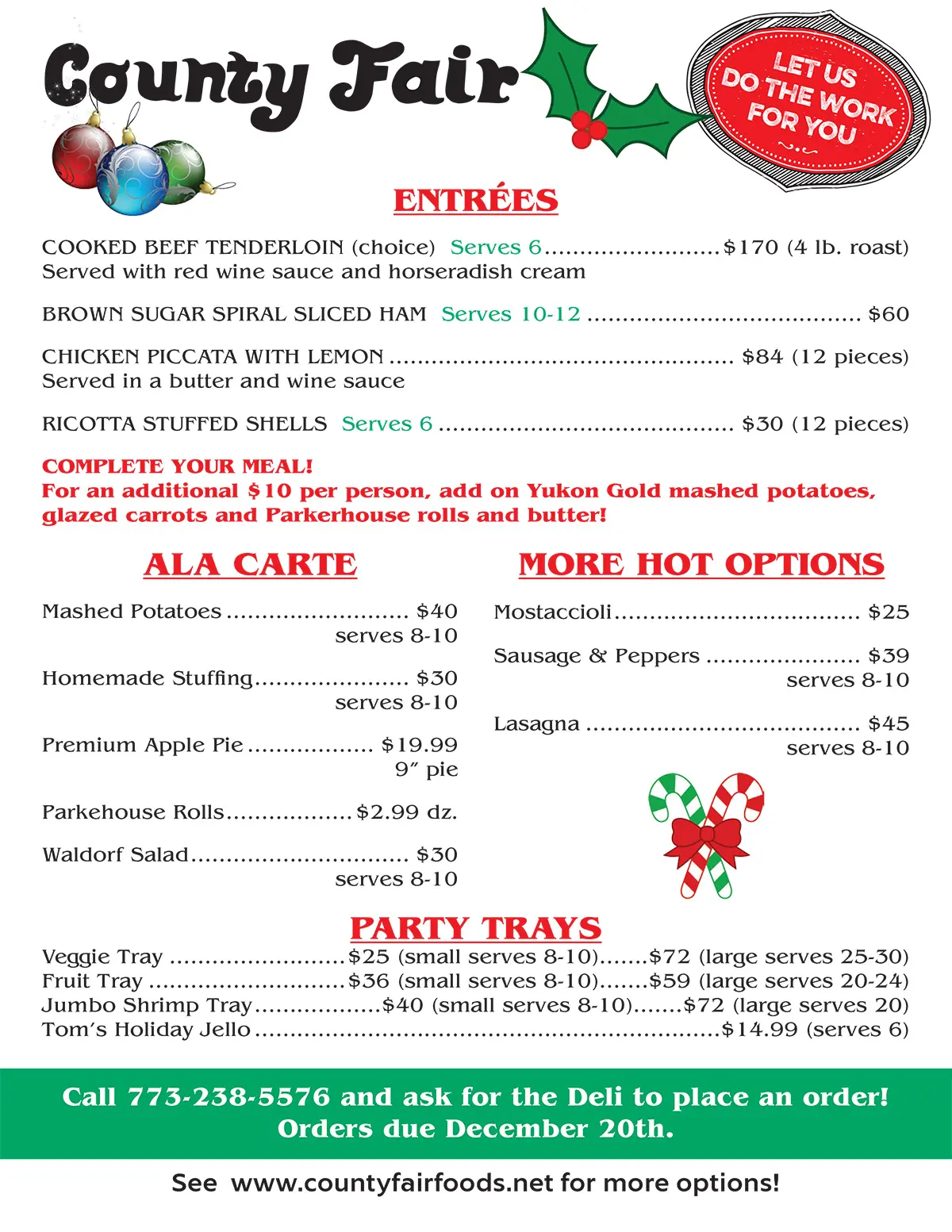 Christmas menu from County Fair with entrée, a la carte, and party tray options and ordering instructions
