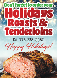 Poster featuring a holiday roast against a festive background, with text promoting holiday roasts and tenderloins