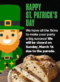 St. Patrick's Day message and sliced brown bread.