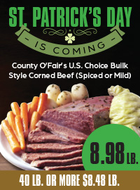  St. Patrick's Day corned beef sale with food and pricing details.