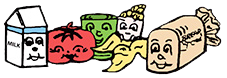 Anthropomorphized milk carton, tomato, lettuce, small carton, and bread loaf with smiling faces