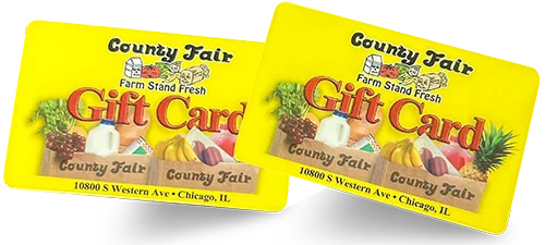 Two County Fair gift cards featuring fruits and vegetables with a yellow background